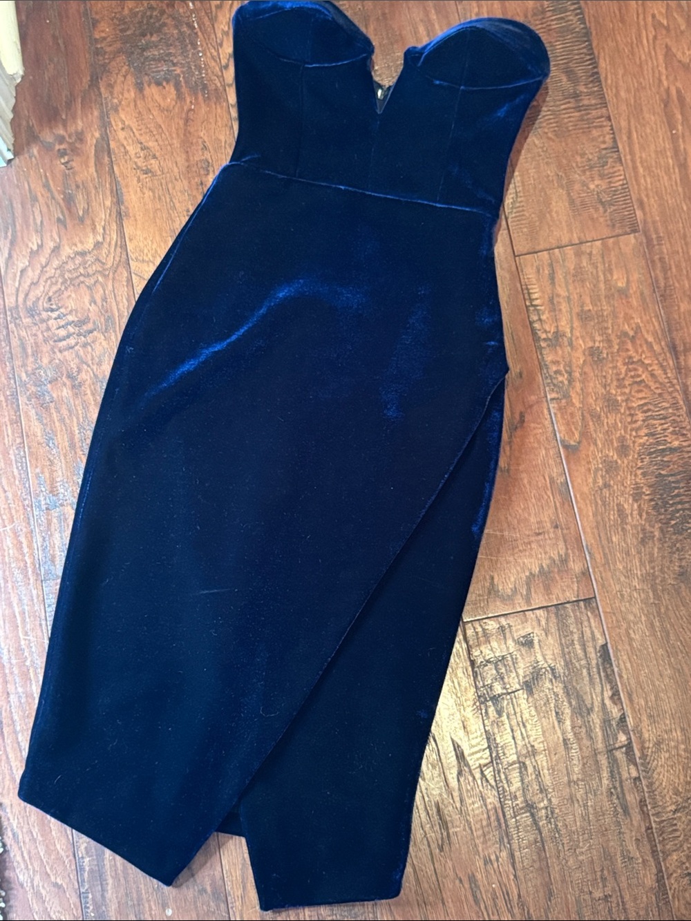 ASOS Strapless Midnight Blue Velvet Sheath Dress with Tan Faux Fur Stole